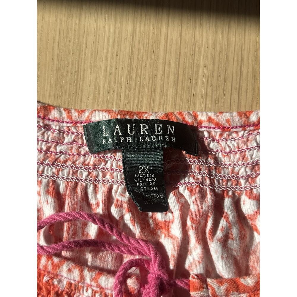 Lauren Ralph Lauren Top Orange Bright Colorful Tie Smocked Neckline 2XL 2054 - Picture 3 of 5